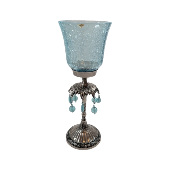 11" Blue Crackled Glass And Pewter Candle Holder - Picture 1 of 7